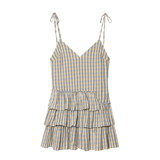 Damen luftiges V-Ausschnitt Sommerkleid mit Rüschen und verstellbaren Trägern R&B