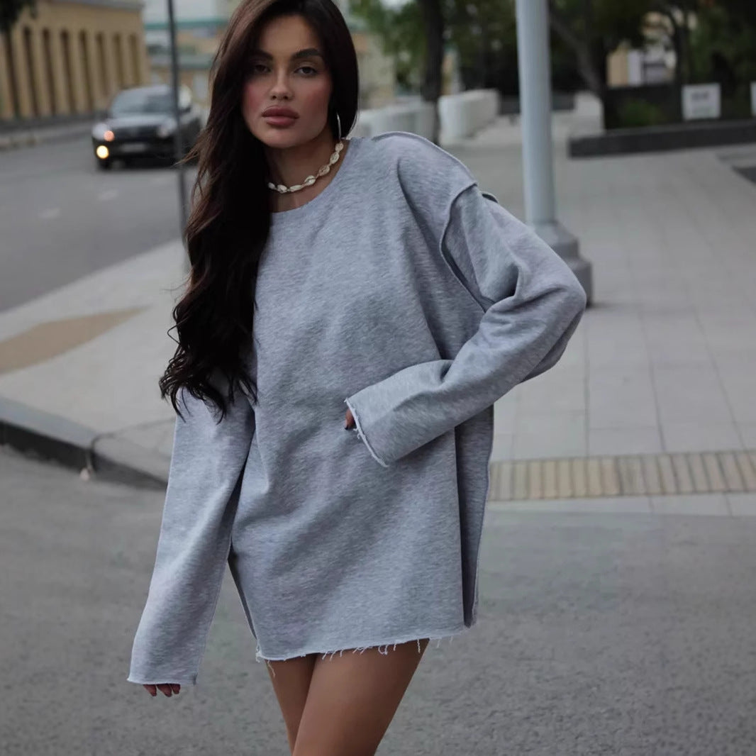 Damen Lässiger Oversized-Pullover mit abgerundetem Saum und langen Ärmeln R&B