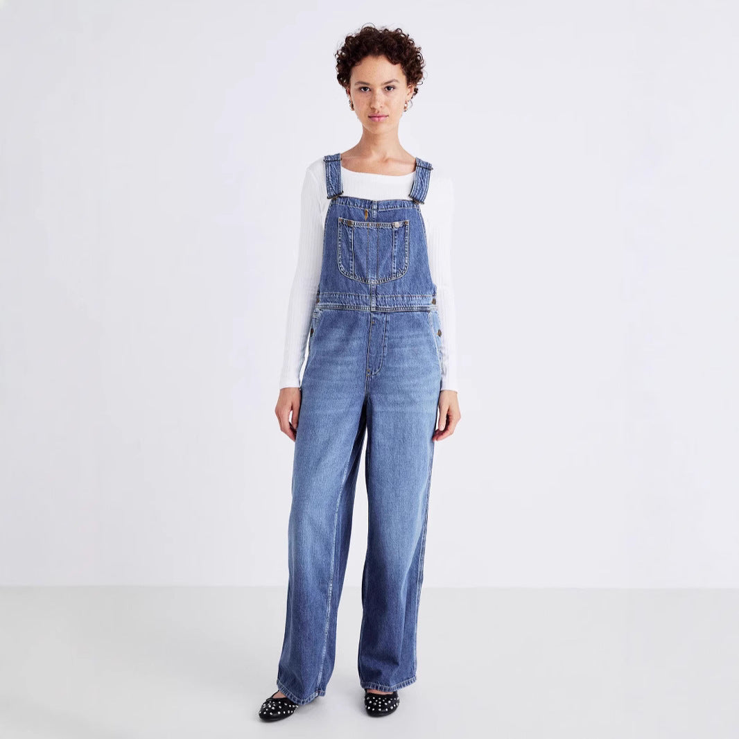 Damen Denim-Latzhose mit weitem Bein und verstellbaren Trägern R&B
