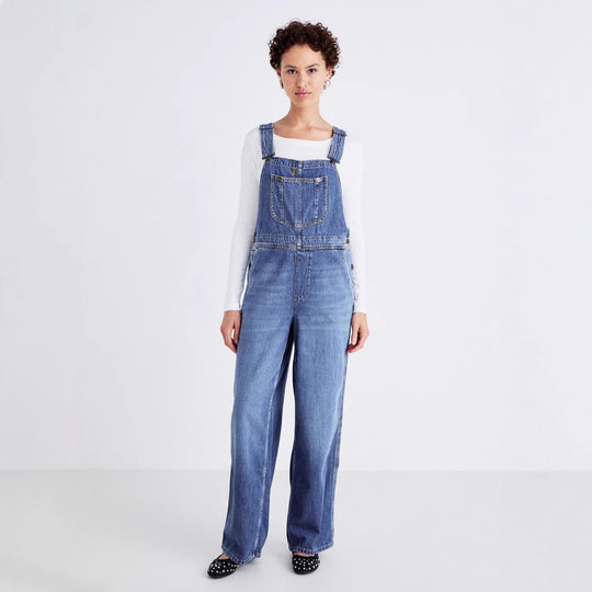 Damen Denim-Latzhose mit weitem Bein und verstellbaren Trägern R&B