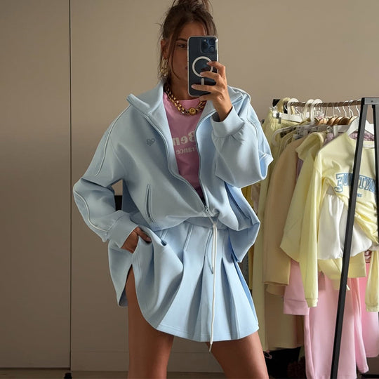 Damen trendige Sport-Loungewear mit komfortablem Oversize-Jacke und Mini-Skirt R&B