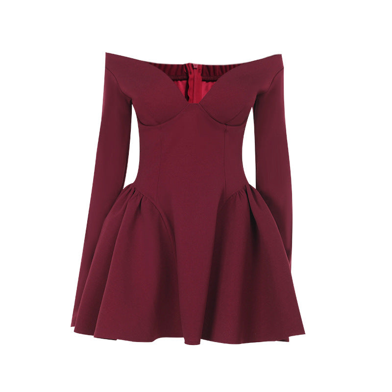 Damen elegantes schulterfreies Minikleid mit weitem Rock R&B