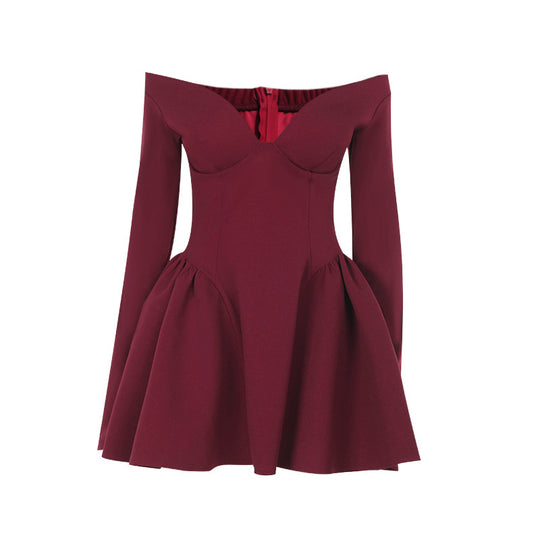Damen elegantes schulterfreies Minikleid mit weitem Rock R&B