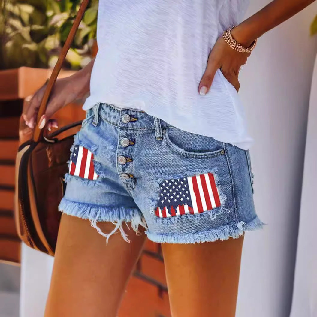 Damen Jeansshorts im Coolen USA-Design mit ausgefranstem Saum R&B