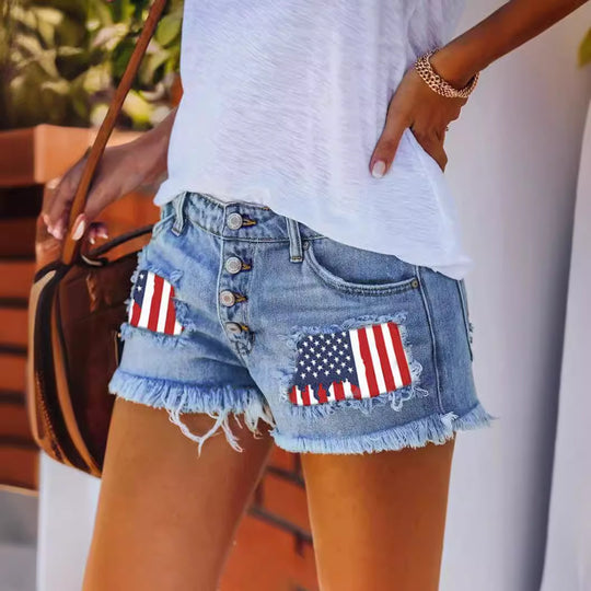 Damen Jeansshorts im Coolen USA-Design mit ausgefranstem Saum R&B