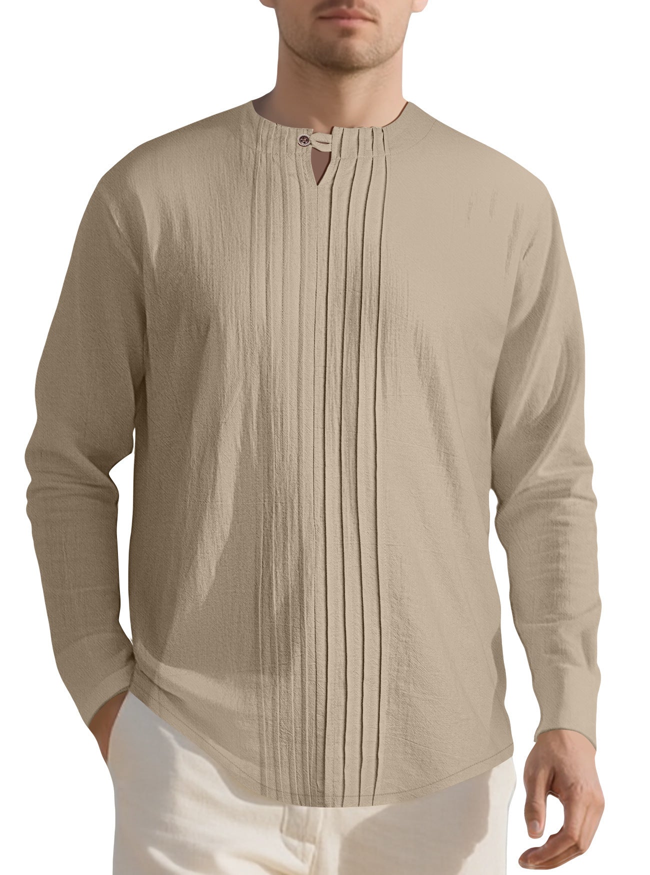 Herren Langarmshirt mit modischem Henley-Ausschnitt und Faltenstruktur R&B