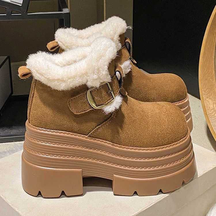 Damen Flauschige Plateau Stiefeletten mit modischer Schnalle R&B