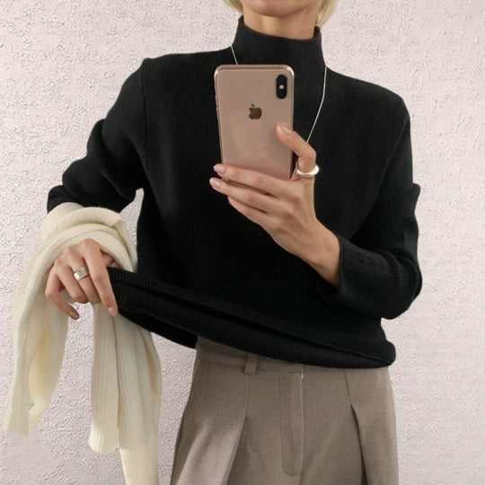 Damen Modernes Strickoberteil mit hochgeschlossenem Kragen und feinem Rippenmuster R&B
