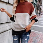 Damen moderner Strickpullover mit modischem Farbblockdesign und hohem Kragen R&B