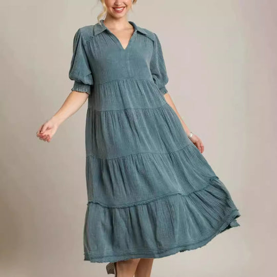 Damen lässiges Maxikleid mit V-Ausschnitt und volumetrischen Ärmeln R&B