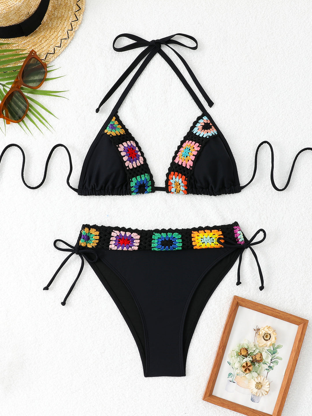 Damen Triangel-Bikini-Set mit buntem Häkelbund R&B