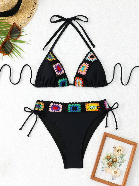 Damen Triangel-Bikini-Set mit buntem Häkelbund R&B