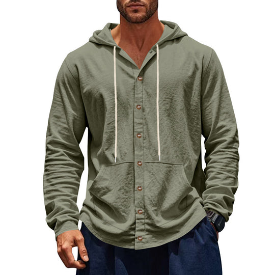 Herren nan knopfverschlossene Kapuzenhemdjacke aus leichtem Baumwollmix mit Kängurutasche R&B
