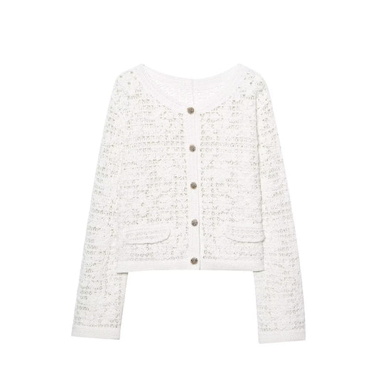 Damen Strickjacke mit feinem Häkelmuster und eleganten Knopfdetails R&B