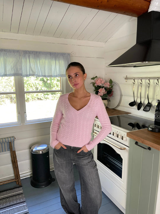 Damen gestrickter Pullover mit V-Ausschnitt und langem Arm R&B