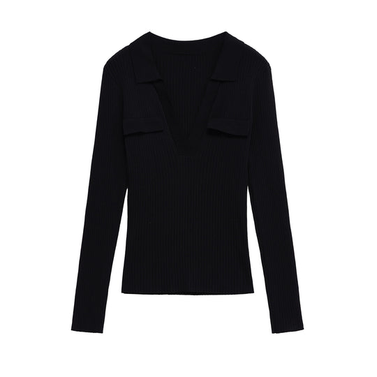 Damen Langarmshirt mit V-Ausschnitt und dekorativen Taschen R&B