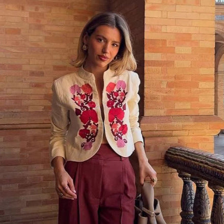 Damen elegante gestickte Blazerjacke mit floralem Design R&B