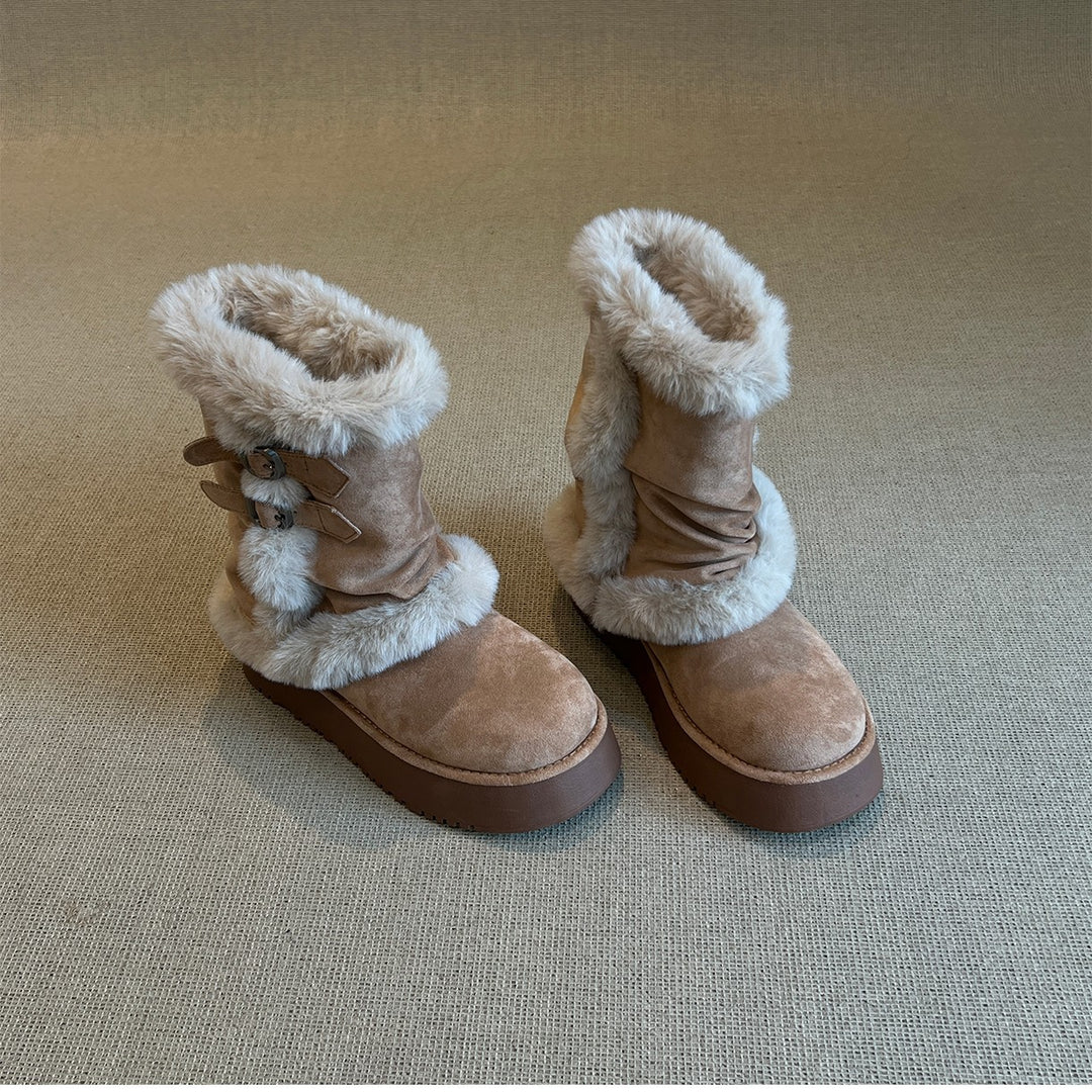 Damen modische Winterstiefel mit kuscheligem Kunstfell und praktischem Doppelriemen R&B