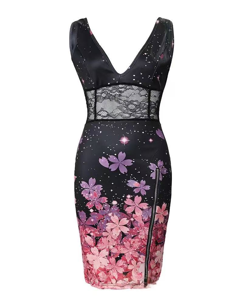 Damen Elegantes Blumenkleid mit tiefem V-Ausschnitt und Spitzen-Details R&B