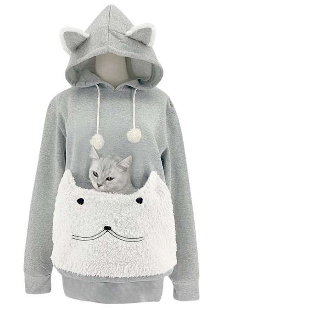 Damen Kuscheliger Kapuzenpullover mit Katzenmotiv und praktischer Känguru-Tasche R&B