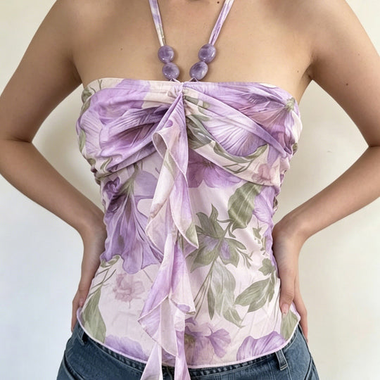 Damen Spaghetti-Trägertop mit floralen Einsätzen und transparenten Rüschen R&B