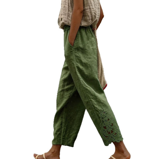 Damen Elegante Leinenhose mit exquisitem Spitzenbesatz R&B