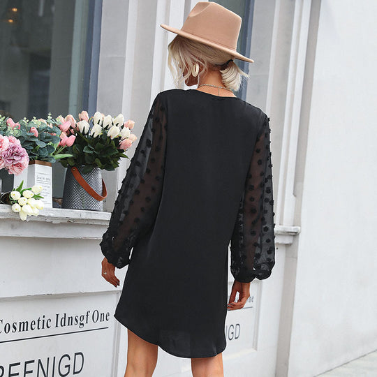 Damen elegantes Minikleid mit transparenten Puffärmeln und V-Ausschnitt R&B