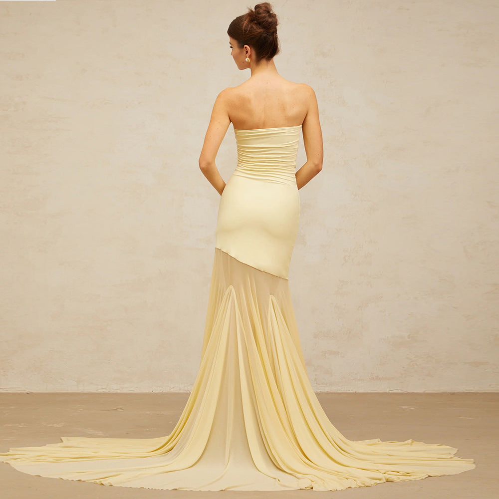 Damen Elegantes schulterfreies Maxikleid mit schimmerndem Stoff und voluminösem Rock R&B