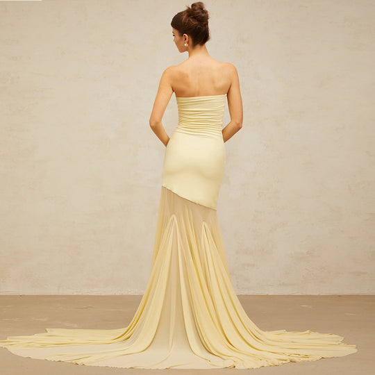 Damen Elegantes schulterfreies Maxikleid mit schimmerndem Stoff und voluminösem Rock R&B