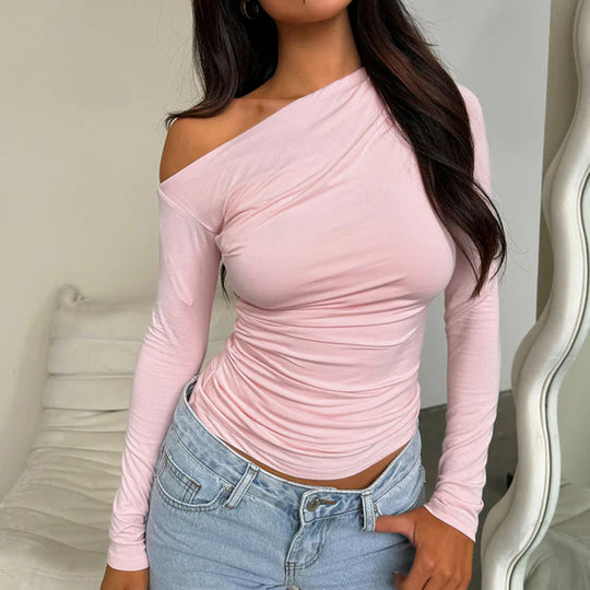 Damen Langarm-Crop-Top mit asymmetrischem Ausschnitt und Raffung R&B