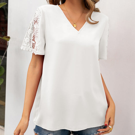 Damen Bluse mit Spitzenakzenten und V-Ausschnitt R&B