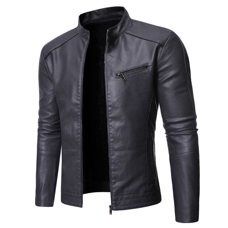 Herren elegante Kunstlederjacke mit modernem Stehkragen R&B