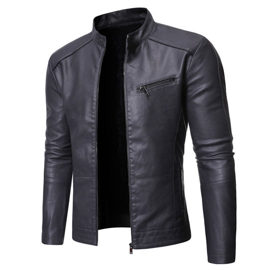 Herren elegante Kunstlederjacke mit modernem Stehkragen R&B