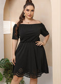 Damen Off-Shoulder Kleid mit dekorativem Lochmuster R&B