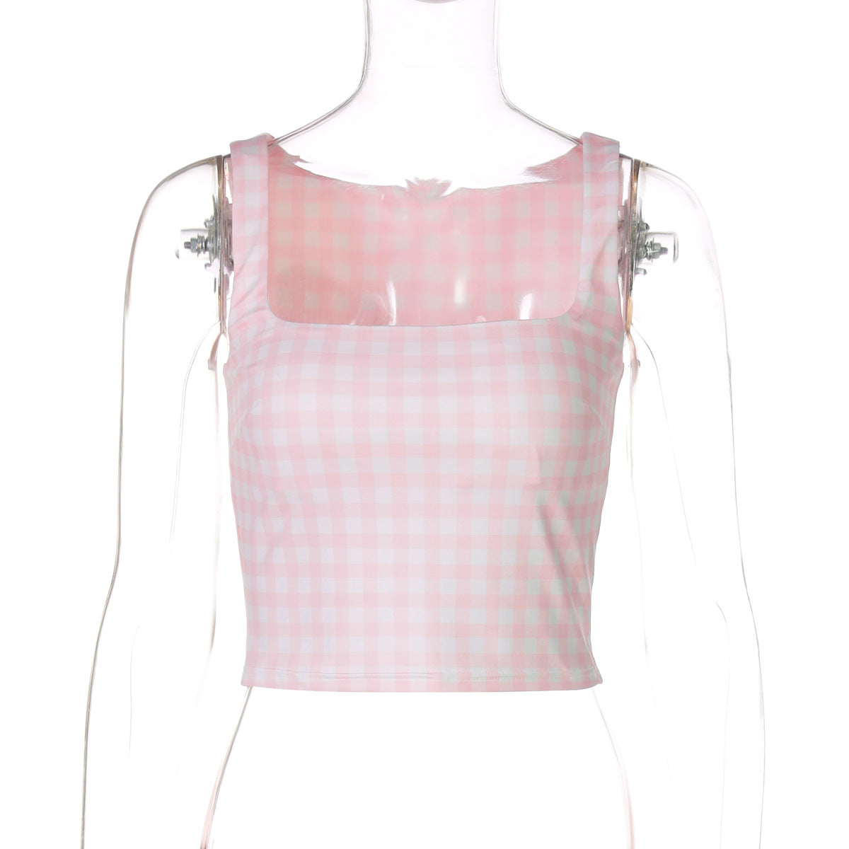 Damen Crop-Top mit quadratischem Ausschnitt und Karomuster R&B