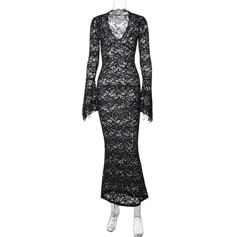 Damen Figurbetontes Spitzenkleid mit tiefem V-Ausschnitt und nostalgischen Puffärmeln R&B