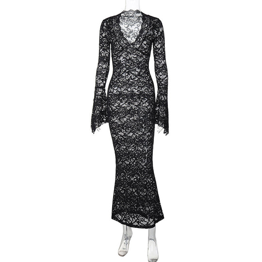 Damen Figurbetontes Spitzenkleid mit tiefem V-Ausschnitt und nostalgischen Puffärmeln R&B