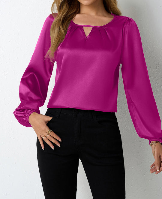 Damen elegante Satinbluse mit verspieltem Schlüsselausschnitt R&B