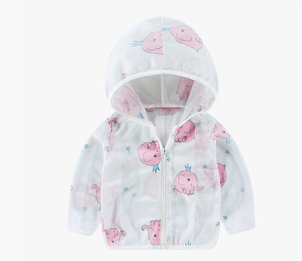 Unisex nan atmungsaktive Netz Kapuzen-Sonnenjacke für Säuglinge mit Reißverschluss und verspieltem Elefantenmotiv R&B