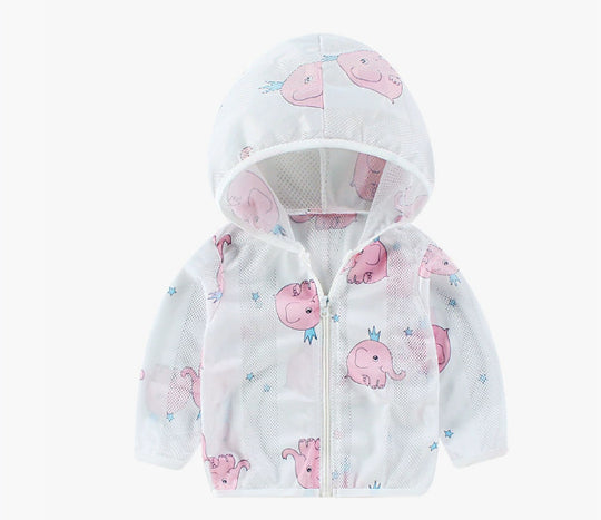 Unisex nan atmungsaktive Netz Kapuzen-Sonnenjacke für Säuglinge mit Reißverschluss und verspieltem Elefantenmotiv R&B