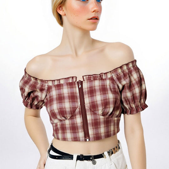 Damen Cropped Bluse mit Puffärmeln und Reißverschluss R&B