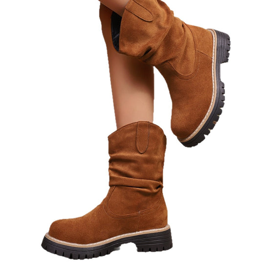 Damen weiche Wildleder-Stiefel mit lässigem Faltenlook und robuster Profilsohle R&B
