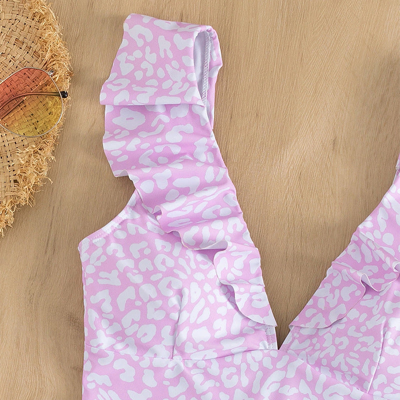 Damen Triangel-Bikini mit modischem Leopardenmuster und Rüschendetails