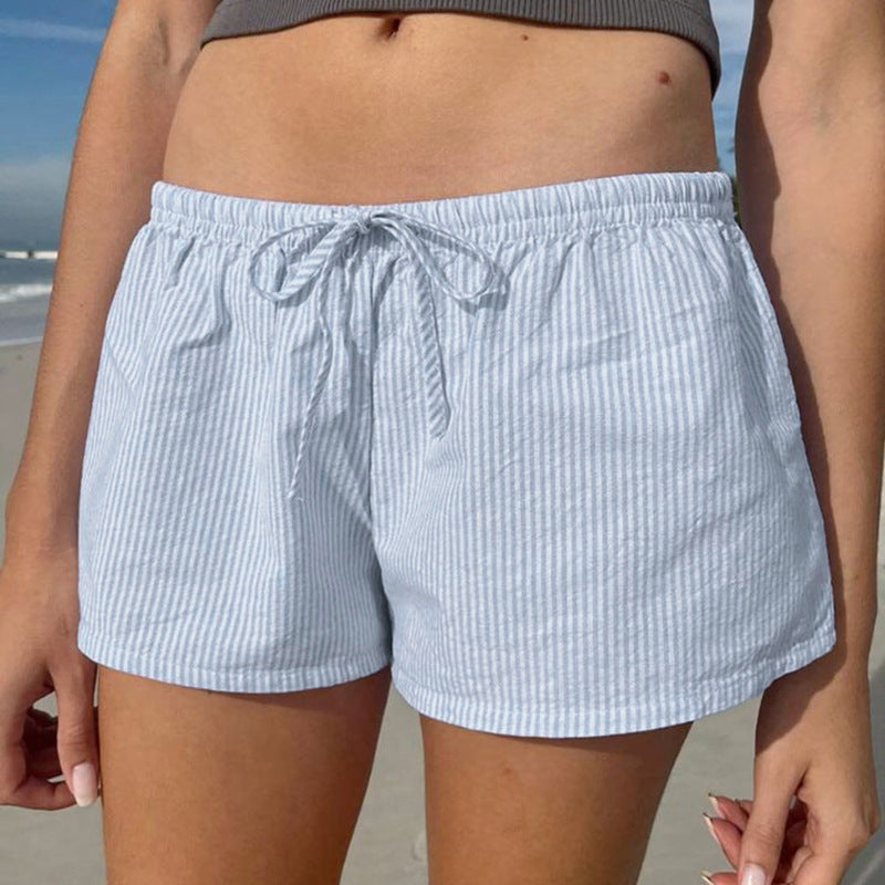 Damen Kurzschlafhose mit elastischem Bund und modischem Bindegürtel R&B