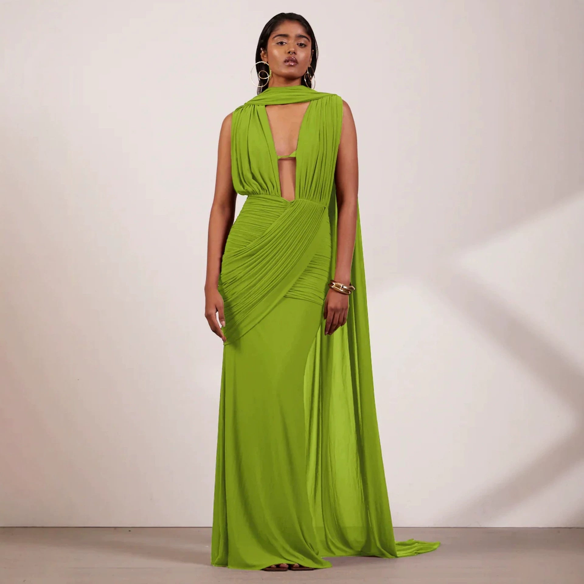 Damen bodenlanges Wickelkleid mit raffinierten Drapierungsdetails und elegantem V-Ausschnitt R&B