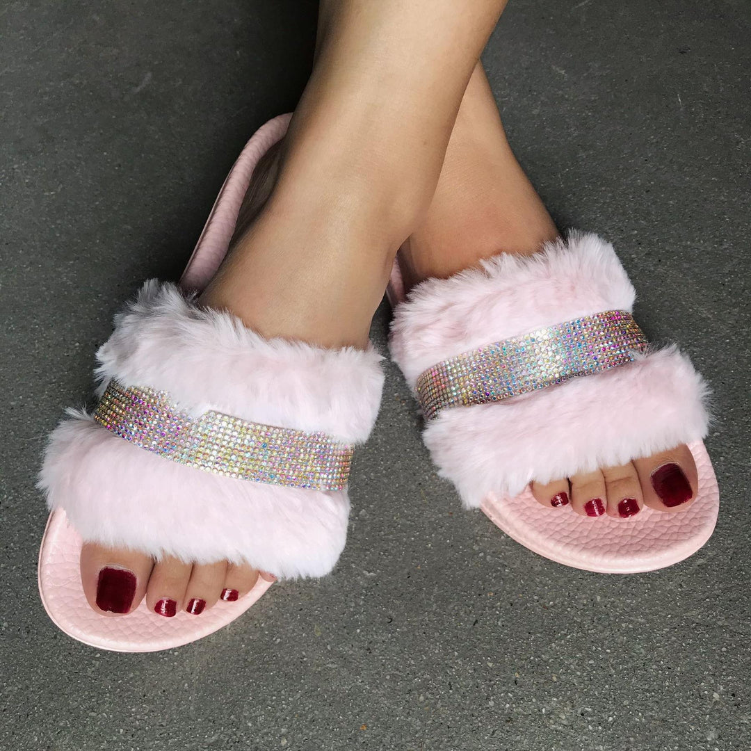 Damen Flauscher Slides mit Strass-Applikation R&B