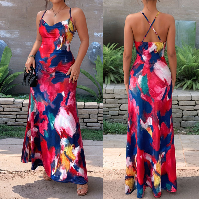 Damen Maxikleid mit floralem Aquarelldruck und schmalen Spaghetti-Trägern R&B
