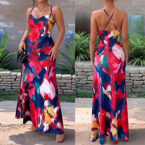 Damen Maxikleid mit floralem Aquarelldruck und schmalen Spaghetti-Trägern R&B