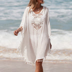 Damen Häkel-Strandüberwurf mit fransigem Saum und elegantem Lochmuster R&B