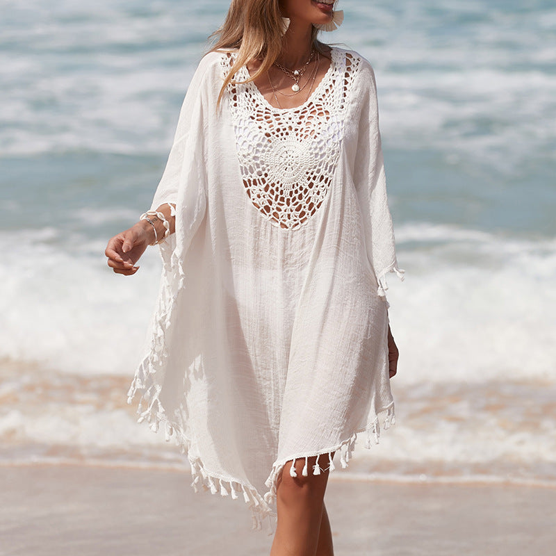 Damen Häkel-Strandüberwurf mit fransigem Saum und elegantem Lochmuster R&B